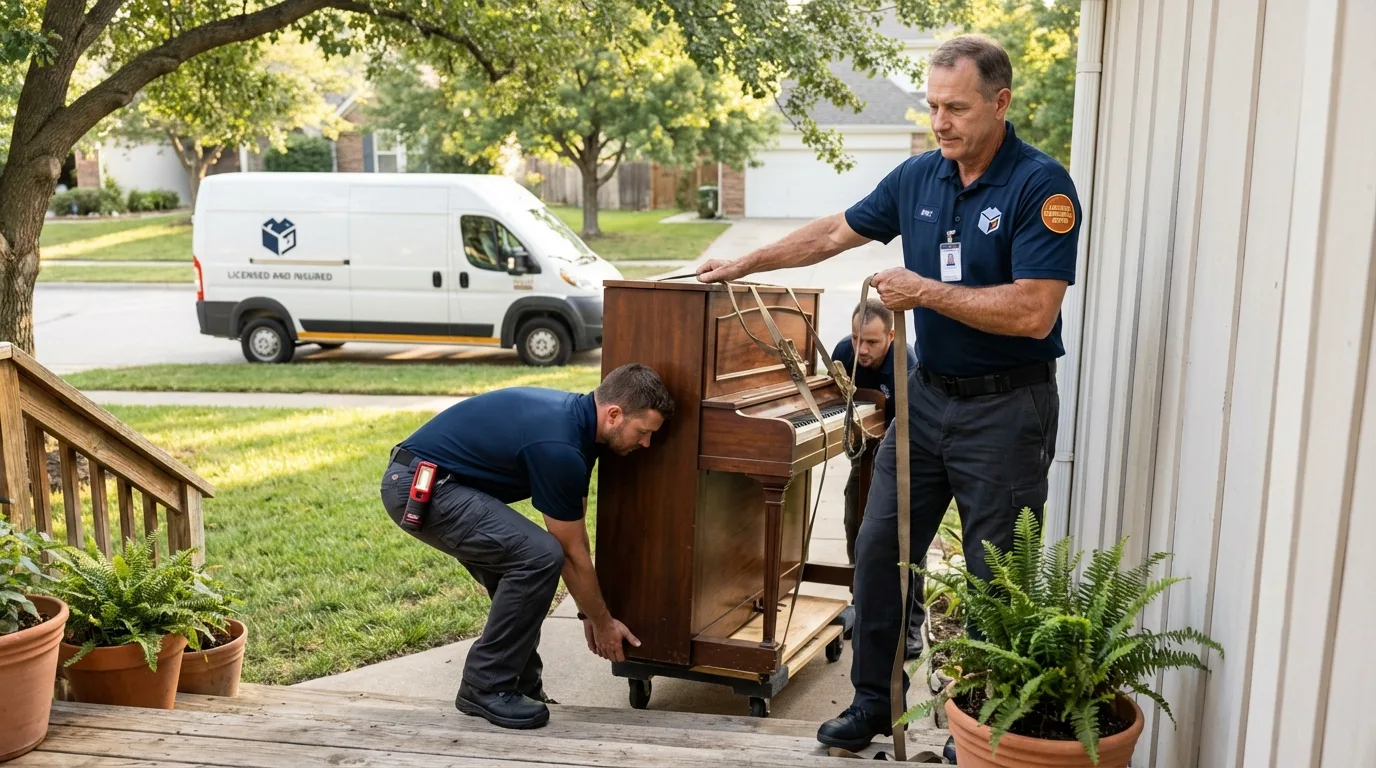 Licensed piano movers securing grand piano in Goodman, MS
