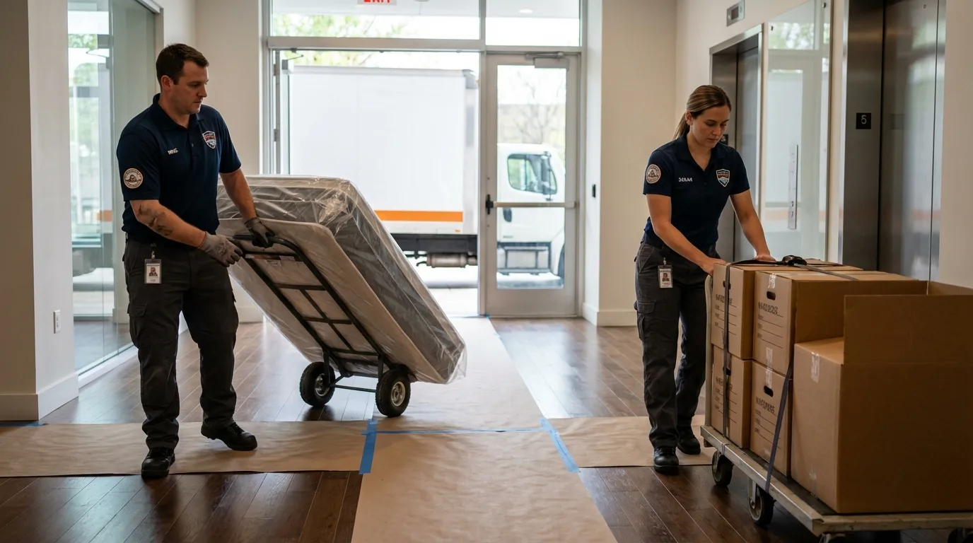 Professional apartment movers loading elevator in Goodman, MS